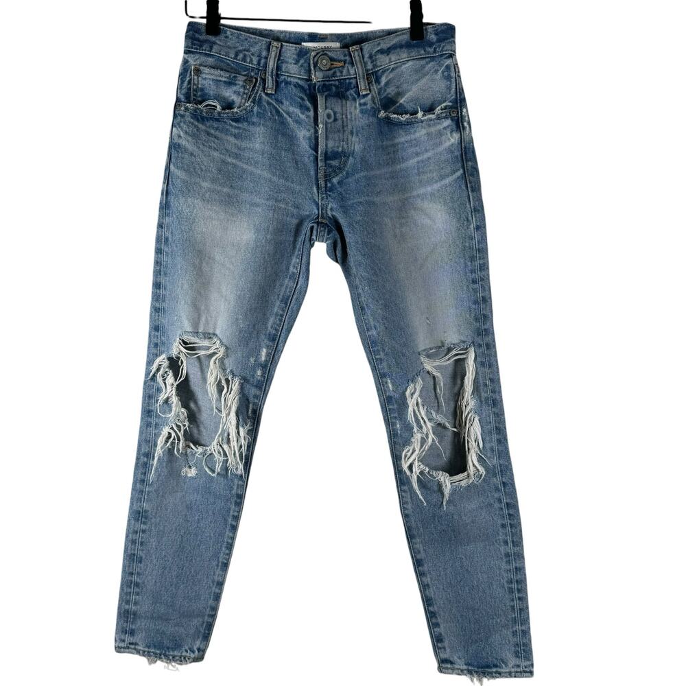 Moussy Howa Distressed Tapered Jeans Medium Wash Blue Mid Waist Ripped Crop 25